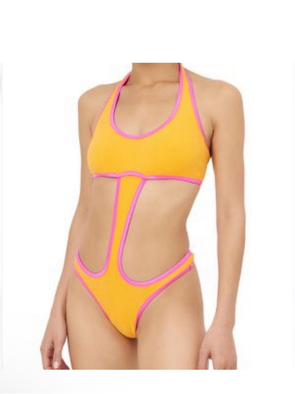 Frankie's Bikinis Yellow One-Piece with Pink Trim Cutout